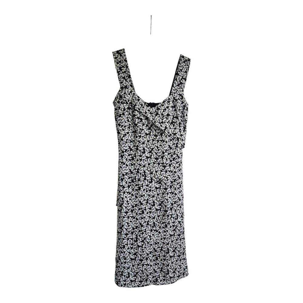 Nicole Miller 100% Silk Floral Print Midi Dress Black Sleeveless Back Zip Size 8